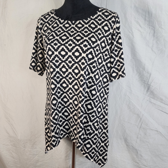 Vintage 90s NEW DIRECTIONS Size Large Black Tan Sharkbite Hem Short Slv Blouse‎ - Picture 1 of 10